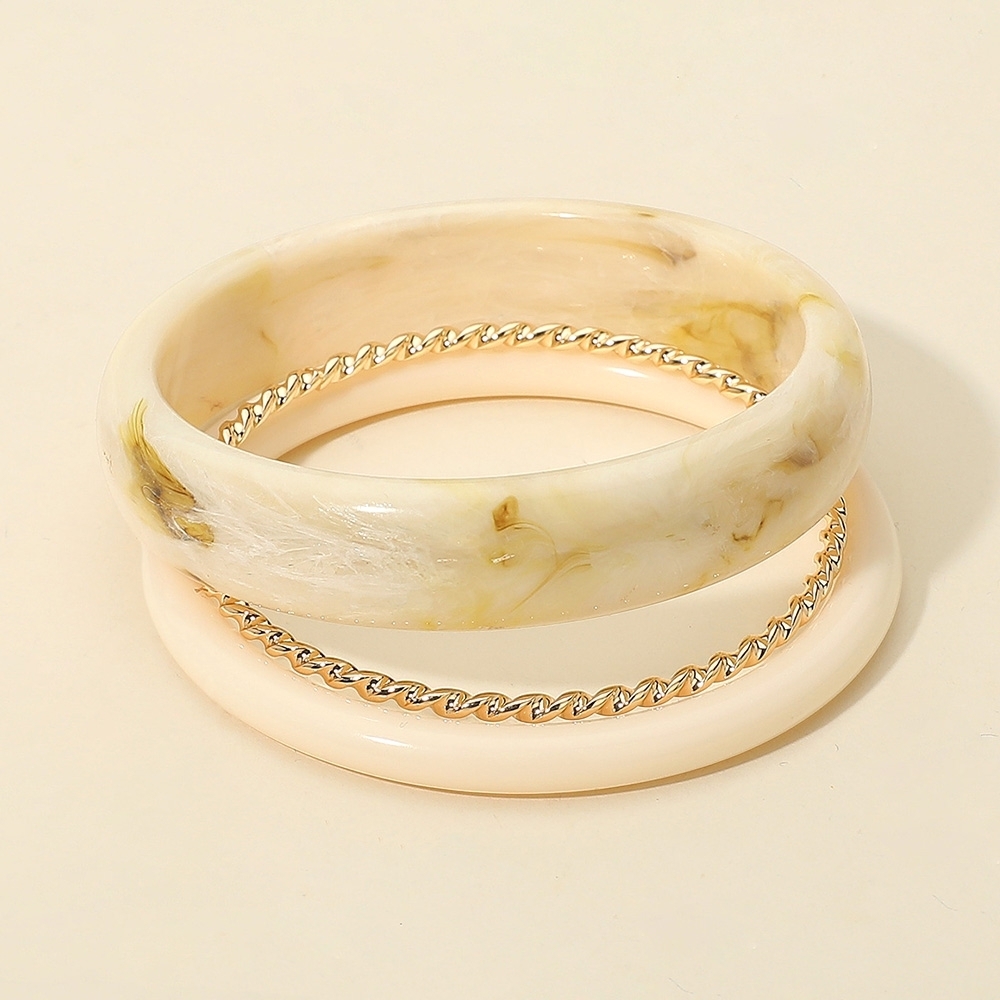 Ivory Chunky 3 Piece Stack Marbled Resin Bangle Bracelets Layered Jewelry Set